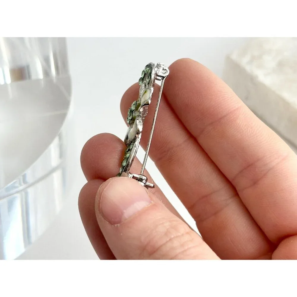 Green Floral Swirly Art Nouveau Silver Toned Vintage Costume Jewelry Brooch